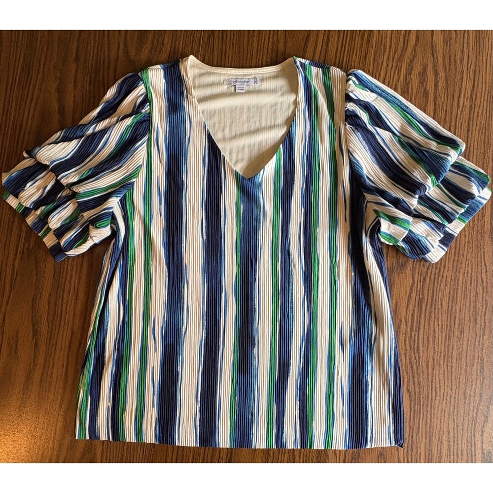 Chicos Women Blouse Pleated Size 2 Large Blue Green Striped Ruffle Sleeve V-Neck